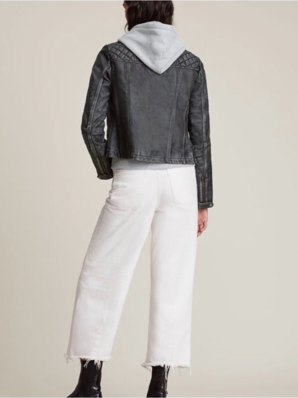 AllSaints Distressed Grey Quilted Leather Biker Jacket- Cargo Moto - Picture 3 of 6